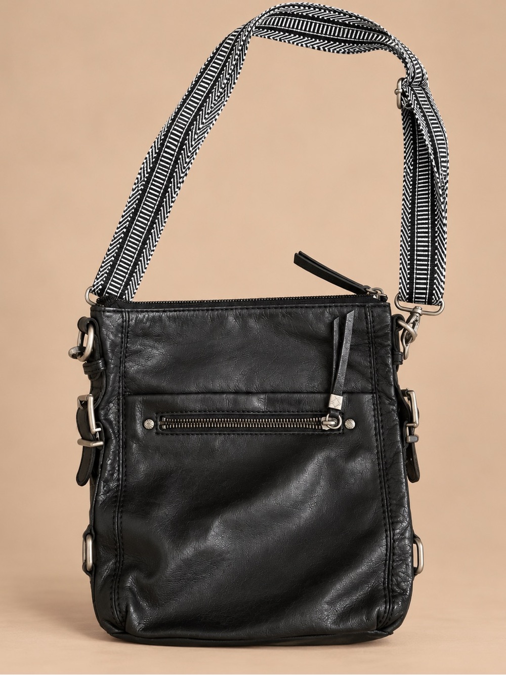 Free & Happy The Sak Black Leather Crossbody Bag Boho Woven Strap Y2K